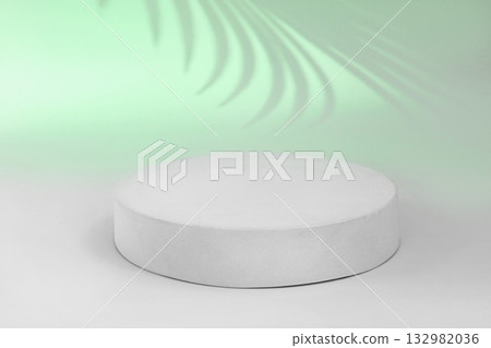 Podium for Cosmetics, Soap, Items Presentation. Abstract Minimal Geometric Sphere. Cylinder One Form Soft Shadow. Scene to Show Product, Object. Showcase Display Case. Palm Leaf, Green Color Ad Stand 132982036