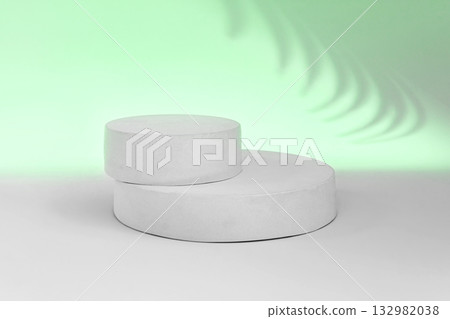 Podium for Cosmetics, Soap, Items Presentation. Abstract Minimal Geometric Sphere. Cylinder Two Forms Soft Shadow. Scene to Show Product, Object. Showcase Display Case. Palm Leaf, Green Color Ad Stand 132982038