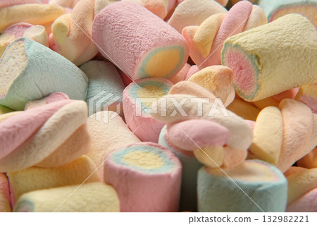 Colorful marshmallow spinning, rotation. Sweet food background. Close up. Video backdrop. Heap of multi-colored candies with different flavours. Group of tasty marshmallows. Confectionery. Sweet shop 132982221