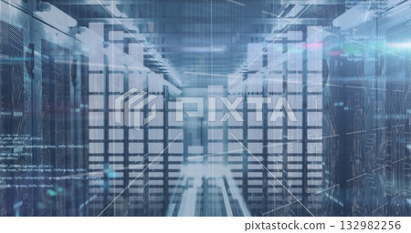 Glowing server racks lining data center corridor with LED status lights and holographic overlays Glowing server racks lining data center corridor with LED status lights and holographic overlays 132982256