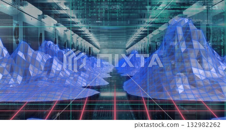 Rising wireframe surfaces above grid floor in data center corridor with server racks, code streams Rising wireframe surfaces above grid floor in data center corridor with server racks, code streams 132982262