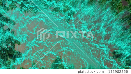 Swirling glowing teal particles forming rippling mesh waves in dark digital space, visualizing data Swirling glowing teal particles forming rippling mesh waves in dark digital space, visualizing data 132982266