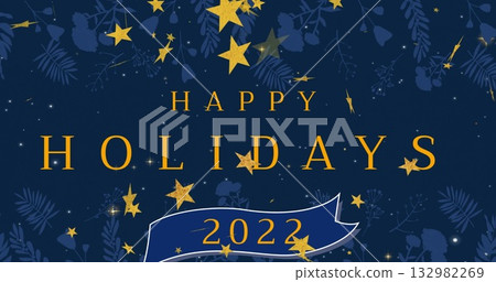 Displaying gold serif text, curved banner 2022 on navy background, gold stars, foliage silhouettes Displaying gold serif text, curved banner 2022 on navy background, gold stars, foliage silhouettes 132982269