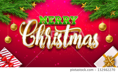 Merry Christmas and Happy New Year Greeting Card Banner with Fir Branch and 3d Typography Lettering on Red Background. Vector Xmas Holiday Season Design with Decoration Elements for Party Flyer Merry Christmas and Happy New Year Greeting Card Banner with Fir Branch and 3d Typography Lettering on Red Background. Vector Xmas Holiday Season Design with Decoration Elements for Party Flyer 132982270