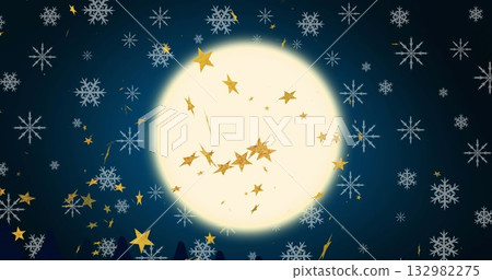 Illuminating glowing full moon hovering in winter night sky, with snowflakes, gold stars, treetops Illuminating glowing full moon hovering in winter night sky, with snowflakes, gold stars, treetops 132982275