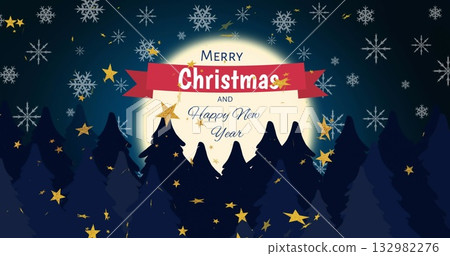 Displaying ribbon banner showing Merry Christmas and Happy New Year in night pine forest, with moon Displaying ribbon banner showing Merry Christmas and Happy New Year in night pine forest, with moon 132982276