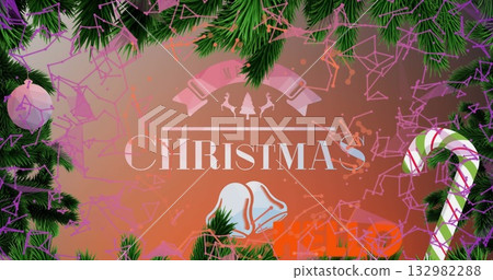 Displaying bold CHRISTMAS lettering and bell icon in festive scene, with candy cane, pine frame 132982288