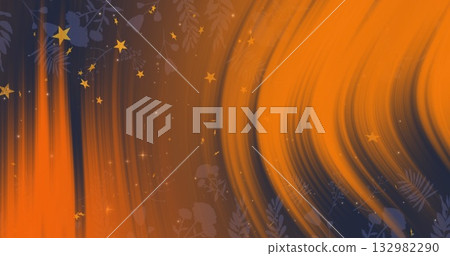 Displaying swirling orange and navy brushstrokes across canvas, with golden stars and leaf shapes Displaying swirling orange and navy brushstrokes across canvas, with golden stars and leaf shapes 132982290