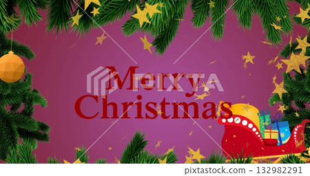 Framing magenta with pine branches, star confetti, red Merry Christmas text, sleigh with gifts Framing magenta with pine branches, star confetti, red Merry Christmas text, sleigh with gifts 132982291