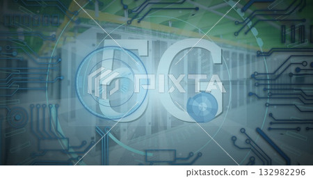 Showing 5G overlay floating above server racks in data center with circuit traces, radar overlays Showing 5G overlay floating above server racks in data center with circuit traces, radar overlays 132982296