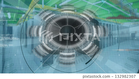 Displaying HUD interface showing segmented rings in server corridor with racks and overhead cabling 132982307
