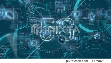 Floating central glowing 5G label hovering in network interface, with GUI panels and data charts 132982308