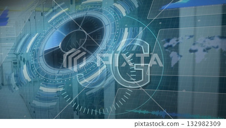 Displaying holographic UI showing radial progress inside data center with server racks, world map 132982309