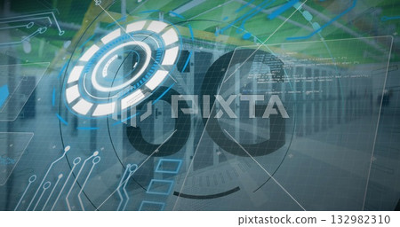 Displaying 5G logo and HUD ring graphic overlaying data center racks, with circuit traces and code Displaying 5G logo and HUD ring graphic overlaying data center racks, with circuit traces and code 132982310