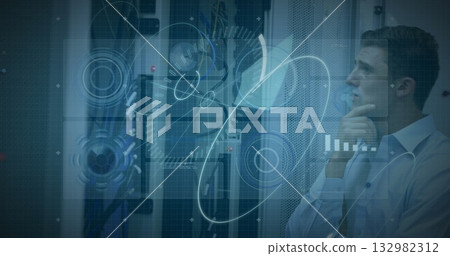 Analyzing data overlays, technician in light shirt in server room with racks, cables, copy space Analyzing data overlays, technician in light shirt in server room with racks, cables, copy space 132982312