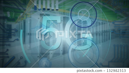 Displaying 5G text with circular HUD overlay in data center, with server racks and network switches 132982313