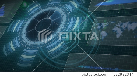Showing futuristic dashboard interface on grid background, with circular HUD, bar charts, lock icon 132982314