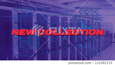 Displaying bold red text reading NEW COLLECTION in server room, with racks, interface overlays 132982319