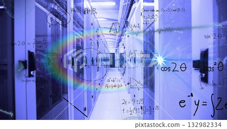 Glowing data center corridor revealing server racks with LED lights and floating math formulas 132982334