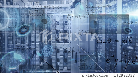 Technicians moving between server racks in data center, with holographic formula overlays 132982338