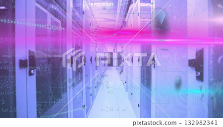 Displaying central data center aisle featuring server racks and neon beams, with floating formulas Displaying central data center aisle featuring server racks and neon beams, with floating formulas 132982341