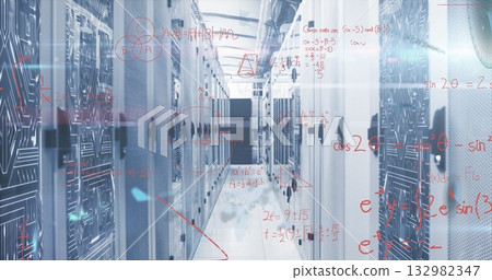 Server aisle extending through data center, with racks, vents, cable trays and red formula overlay Server aisle extending through data center, with racks, vents, cable trays and red formula overlay 132982347