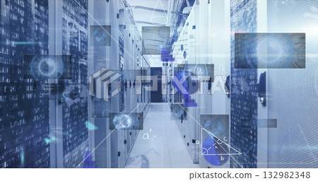 Showing server room hallway with server racks, cable trays and ducts, and floating digital overlays Showing server room hallway with server racks, cable trays and ducts, and floating digital overlays 132982348