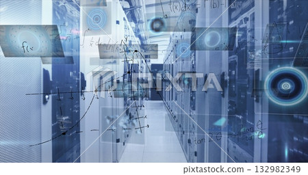 Flashing LED indicators lining central server aisle in data center, displaying holographic graphs Flashing LED indicators lining central server aisle in data center, displaying holographic graphs 132982349