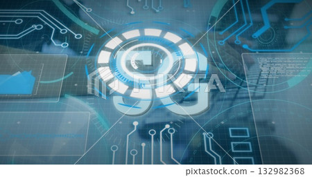 Glowing holographic 5G symbol hovering above grid with circuit traces, progress rings and UI panels 132982368