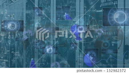 Displaying holographic interface showing code flow, network nodes over server racks at data center 132982372