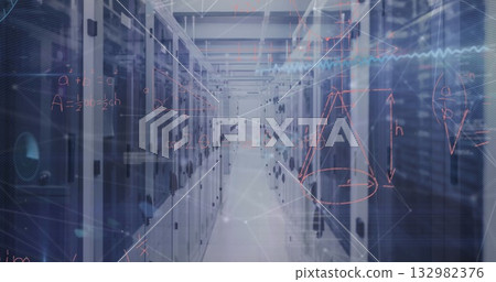 Showing central data center aisle highlighting LED indicator lights on server racks, data overlay 132982376