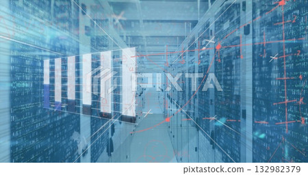 Extending server aisle receding through data center corridor, with blinking LEDs and data streams 132982379