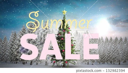 Standing evergreen tree shining with red ornaments and gold star in snow clearing, Summer SALE text 132982394