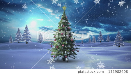 Standing fir tree with golden star topper, red silver baubles on snow clearing, falling snowflakes Standing fir tree with golden star topper, red silver baubles on snow clearing, falling snowflakes 132982408