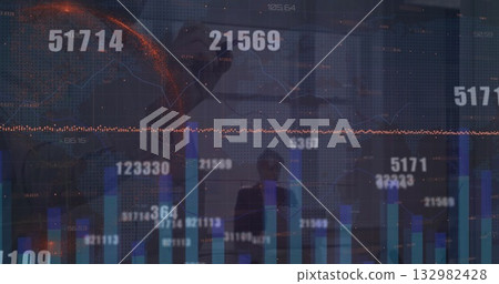 Pointing business duo analyzing bar charts and line graphs in conference room, with glass table Pointing business duo analyzing bar charts and line graphs in conference room, with glass table 132982428