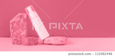 White blank cosmetic bottles, dried herbs on stone podiums. Natural skin care SPA beauty product design. Mineral organic cosmetics Mock-Up. Beige background. Face and body treatment. Front View White blank cosmetic bottles, dried herbs on stone podiums. Natural skin care SPA beauty product design. Mineral organic cosmetics Mock-Up. Beige background. Face and body treatment. Front View 132982446