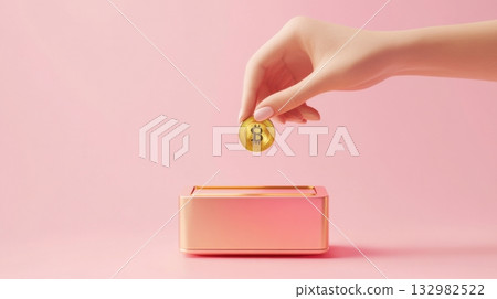 Hand deposits bitcoin coin into a pink piggy bank emphasizing digital currency savings and financial innovation 132982522
