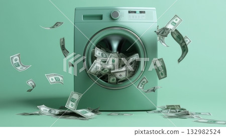 Washing machine overflowing with cash creates unique and playful visual in a mint green setting 132982524