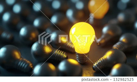 Unique glowing light bulb stands out among many dark light bulbs in a creative display 132982525