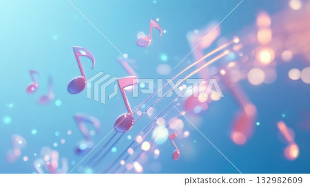 Colorful musical notes floating against a soft blue background with a dreamy atmosphere and a touch of light Colorful musical notes floating against a soft blue background with a dreamy atmosphere and a touch of light 132982609
