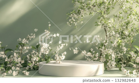 White floral arrangement with circular display against a soft green backdrop in natural light 132982648
