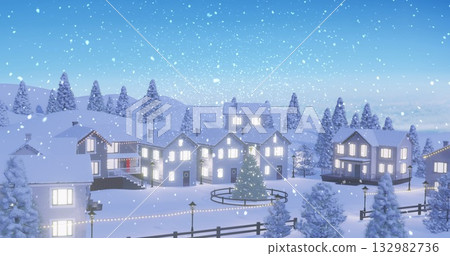 Snow falling covering lit fir tree within circular fence, lamp posts with lights and lit houses Snow falling covering lit fir tree within circular fence, lamp posts with lights and lit houses 132982736