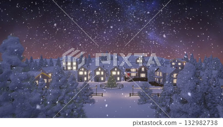 Glowing decorated Christmas tree standing at snowy village square, with wooden fence and pine trees Glowing decorated Christmas tree standing at snowy village square, with wooden fence and pine trees 132982738
