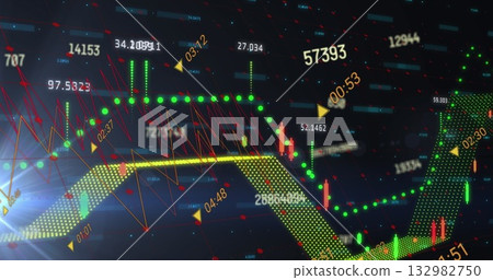 Displaying candlestick chart featuring trend lines, red markers and numeric labels on dashboard 132982750