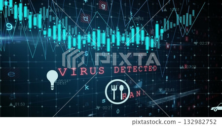 Flashing neon-red warning showing virus detected on digital dashboard, with candlestick, line graph Flashing neon-red warning showing virus detected on digital dashboard, with candlestick, line graph 132982752