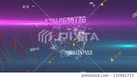 Displaying wireframe sphere floating in 3D space, with numeric overlays, yellow markers, line graph 132982753