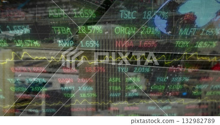 Showing stock ticker percentages and yellow line graph, with grid overlay over blurred harbor view Showing stock ticker percentages and yellow line graph, with grid overlay over blurred harbor view 132982789
