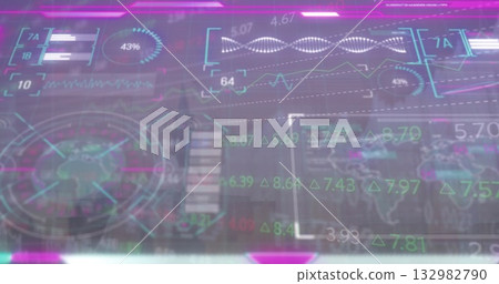 Displaying holographic data interface in command center, with waveform charts and percentage gauge 132982790