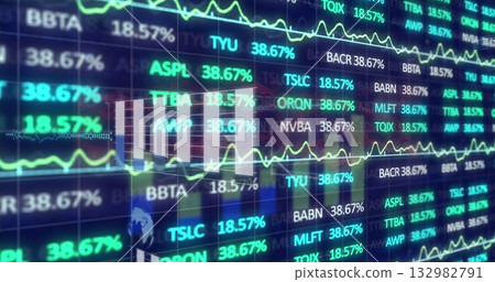 Displaying data on screen showing stock tickers and percentages, line graphs and globe icon Displaying data on screen showing stock tickers and percentages, line graphs and globe icon 132982791