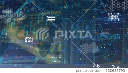 Displaying digital world map overlaying grid in interface, with hexagon patterns and numbers 132982793